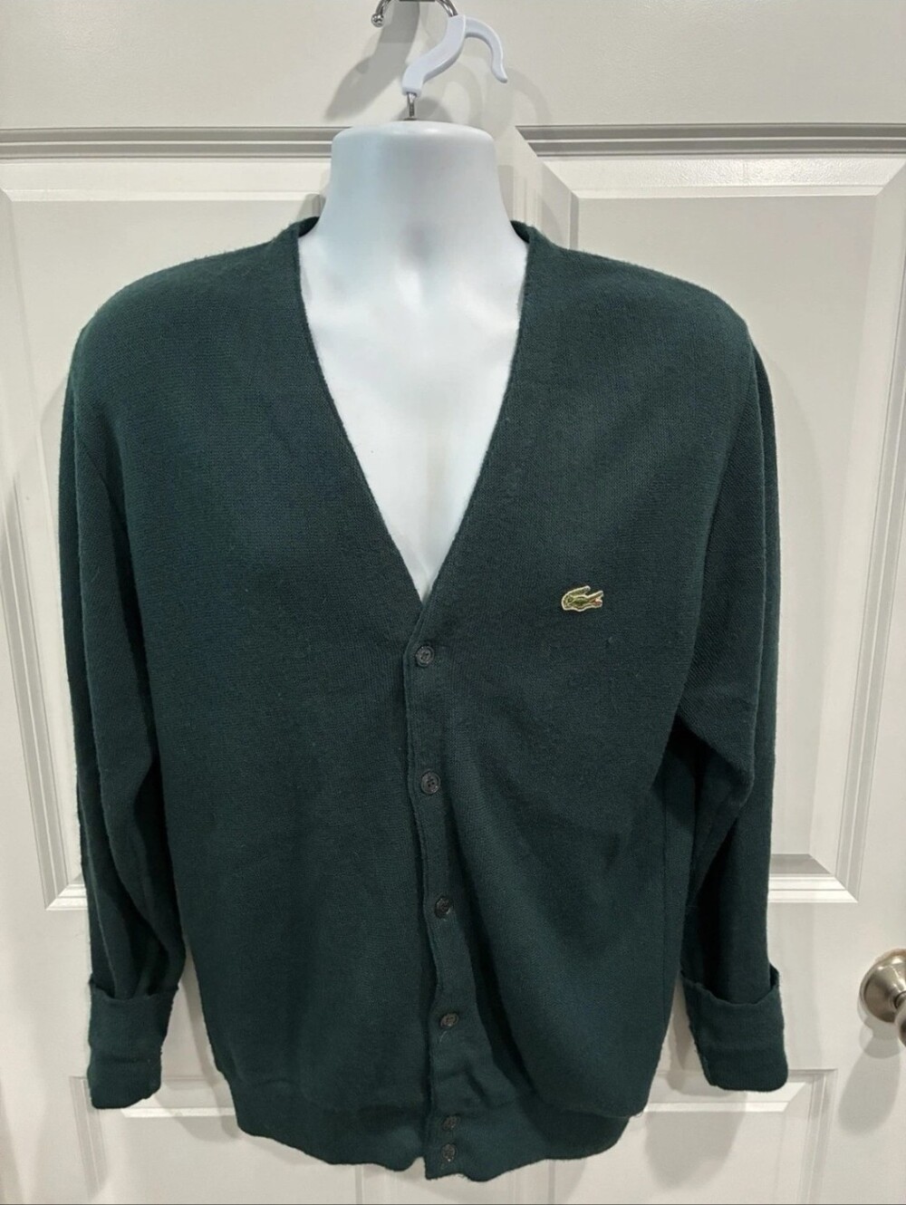 Izod Lacoste Men’s Forest Green V-Neck Button Cardigan Mens Sz L Vintage
